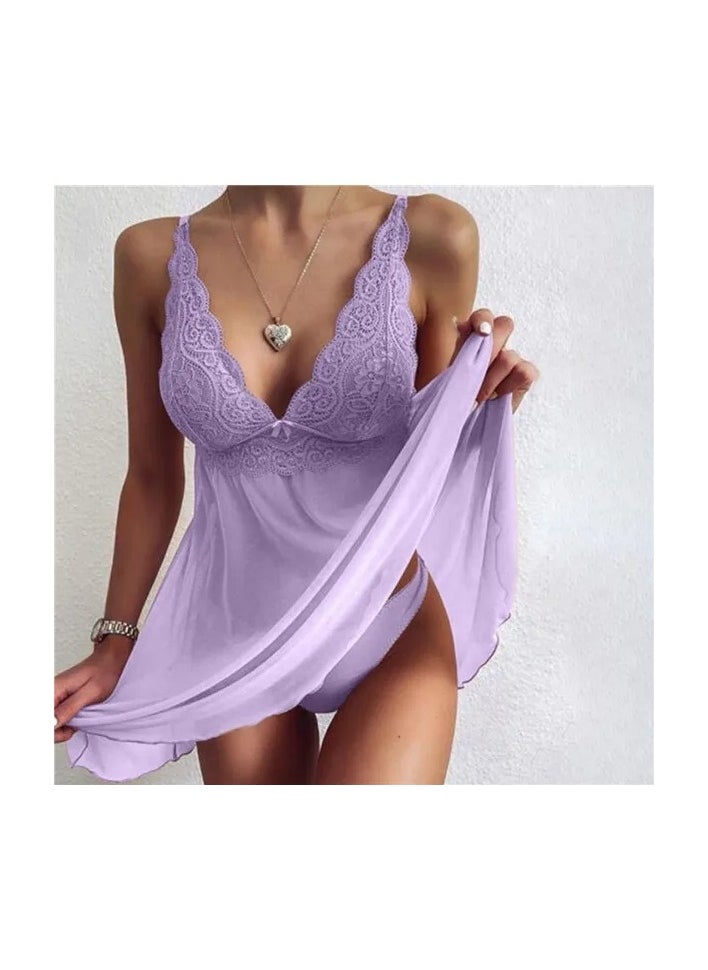 Generic - 1-Set Women's Fashion Deep V-neck Lace Stitching Nightdress,Lingerie Pajama Dress Set,Plus Size Homewear Nightgown,Colour Purple - Image 1