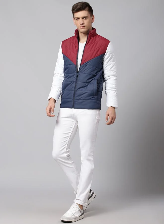 Dennis Lingo Bright Navy Regular Fit Men's Colourblocked Mock Neck Polyester Jacket with Zipper Closure