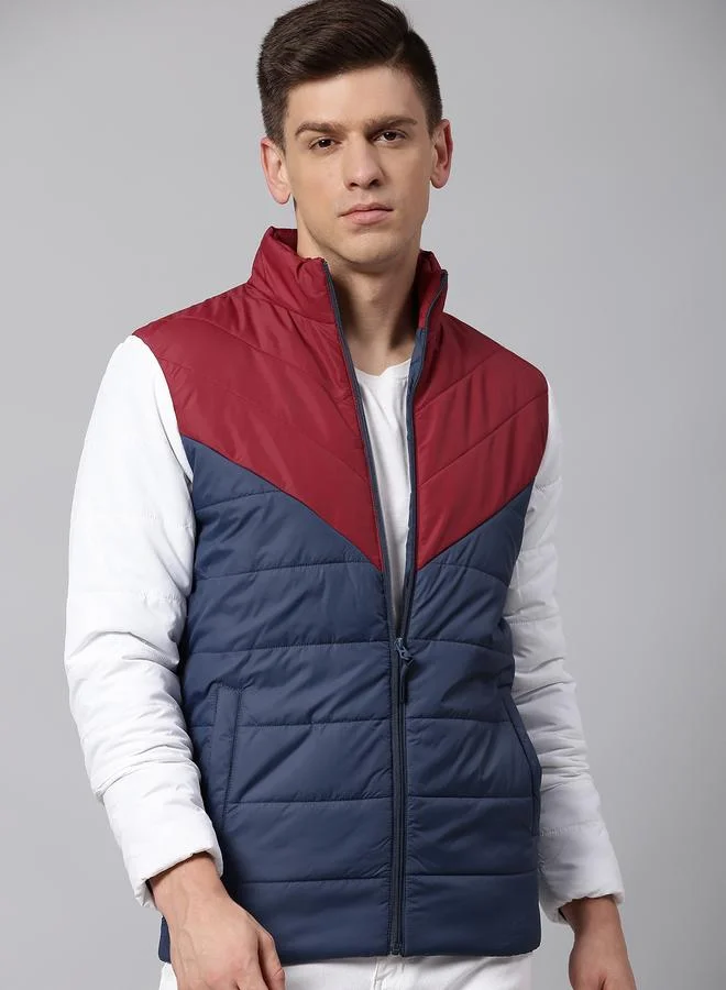 Dennis Lingo Bright Navy Regular Fit Men's Colourblocked Mock Neck Polyester Jacket with Zipper Closure