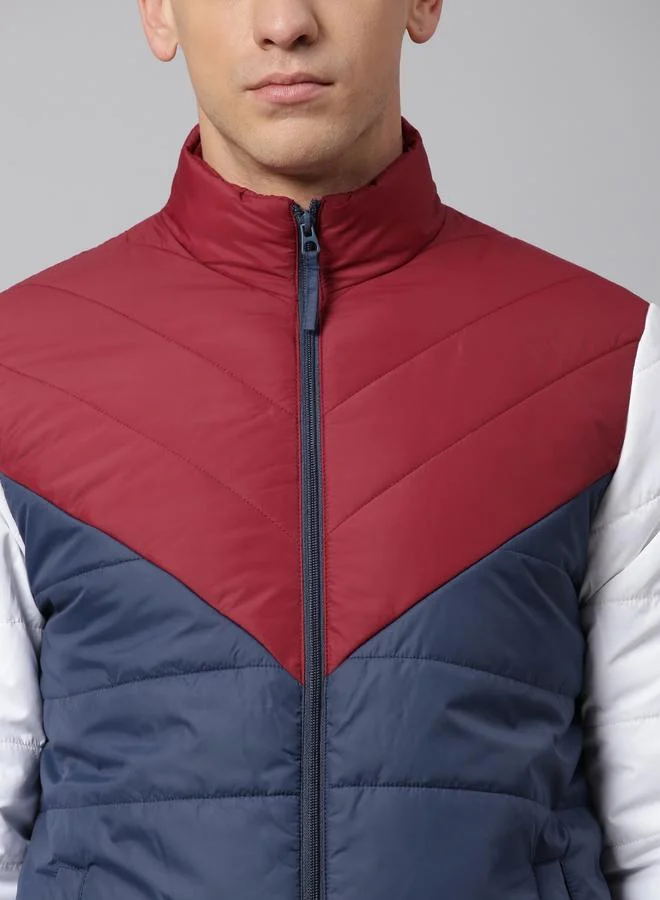 Dennis Lingo Bright Navy Regular Fit Men's Colourblocked Mock Neck Polyester Jacket with Zipper Closure