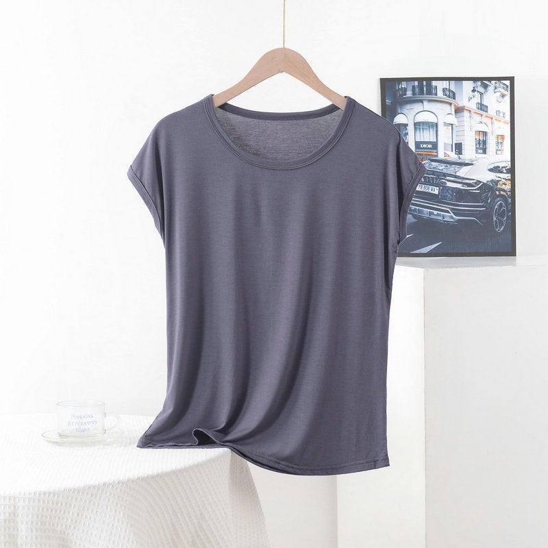 Modal T-Shirt Women'S Summer Loose Plus Size Mother'S Crewneck Short-Sleeved Top Solid Color Simple Outer Wear Base Shirt - Image 1