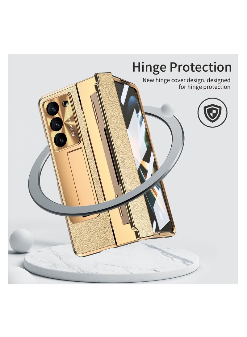 Aookay Case for Samsung Galaxy Z Fold 6 with Pen [Non-Original] and Hinge Protection, One-piece Design Z Fold 6 Phone Case Built-in Screen Protector and Stand, Luxury Leather Full Cover Phone Case (Gold) - Image 2