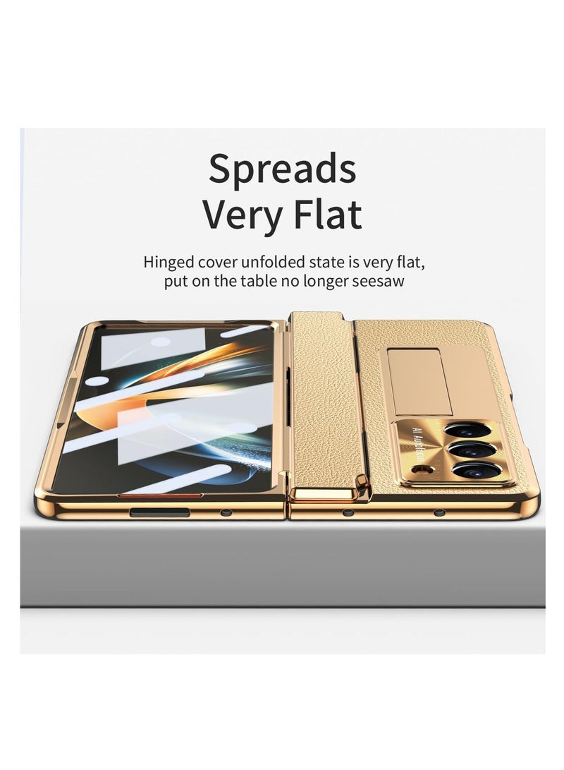 Aookay Case for Samsung Galaxy Z Fold 6 with Pen [Non-Original] and Hinge Protection, One-piece Design Z Fold 6 Phone Case Built-in Screen Protector and Stand, Luxury Leather Full Cover Phone Case (Gold) - Image 3