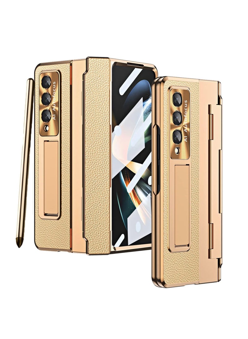 Aookay Case for Samsung Galaxy Z Fold 6 with Pen [Non-Original] and Hinge Protection, One-piece Design Z Fold 6 Phone Case Built-in Screen Protector and Stand, Luxury Leather Full Cover Phone Case (Gold) - Image 1