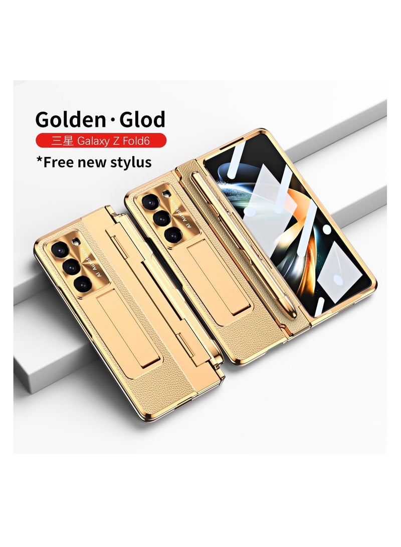 Aookay Case for Samsung Galaxy Z Fold 6 with Pen [Non-Original] and Hinge Protection, One-piece Design Z Fold 6 Phone Case Built-in Screen Protector and Stand, Luxury Leather Full Cover Phone Case (Gold) - Image 4