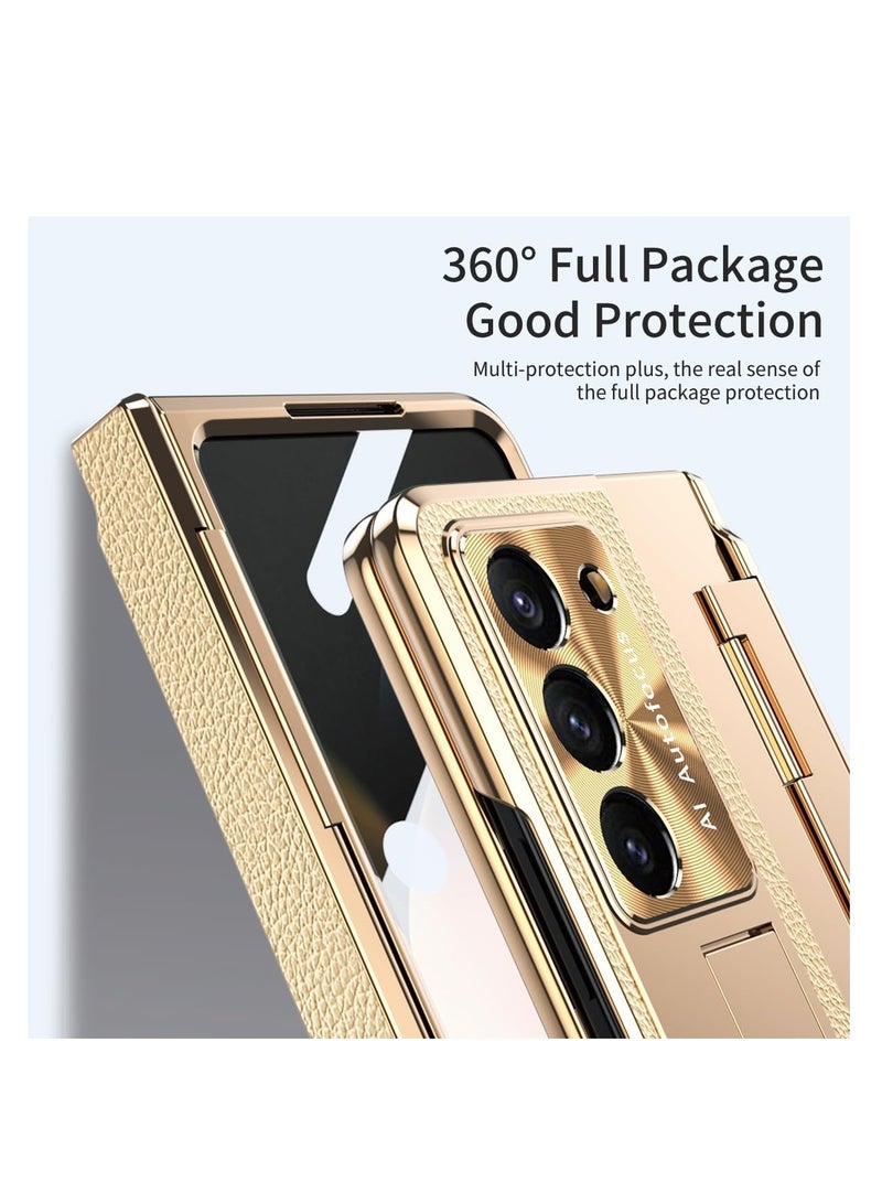 Aookay Case for Samsung Galaxy Z Fold 6 with Pen [Non-Original] and Hinge Protection, One-piece Design Z Fold 6 Phone Case Built-in Screen Protector and Stand, Luxury Leather Full Cover Phone Case (Gold) - Image 5