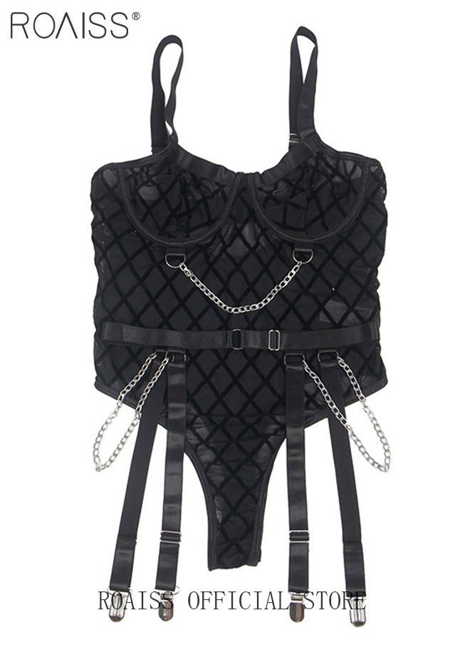 roaiss - One-Piece Metal Chain Translucent Mesh One-Piece Underwear Stretch Translucent Hot Underwear - Image 1