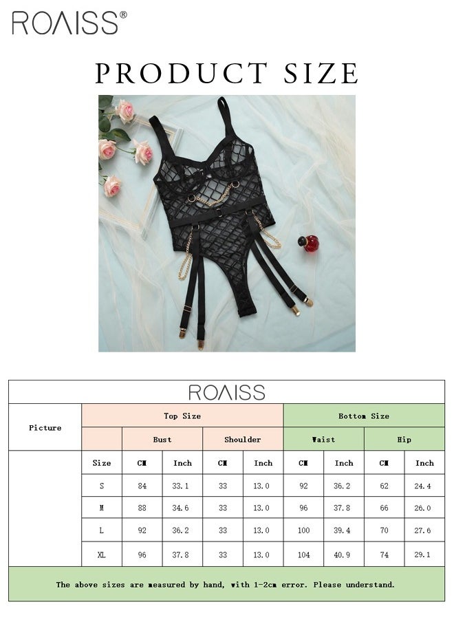 roaiss - One-Piece Metal Chain Translucent Mesh One-Piece Underwear Stretch Translucent Hot Underwear - Image 1