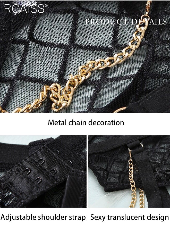 roaiss - One-Piece Metal Chain Translucent Mesh One-Piece Underwear Stretch Translucent Hot Underwear - Image 1