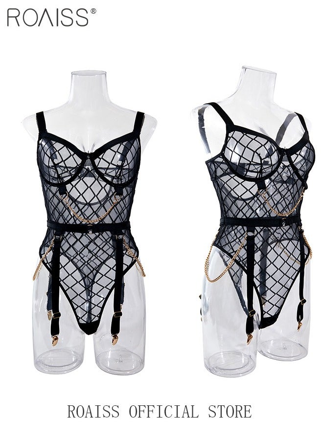 roaiss - One-Piece Metal Chain Translucent Mesh One-Piece Underwear Stretch Translucent Hot Underwear - Image 1