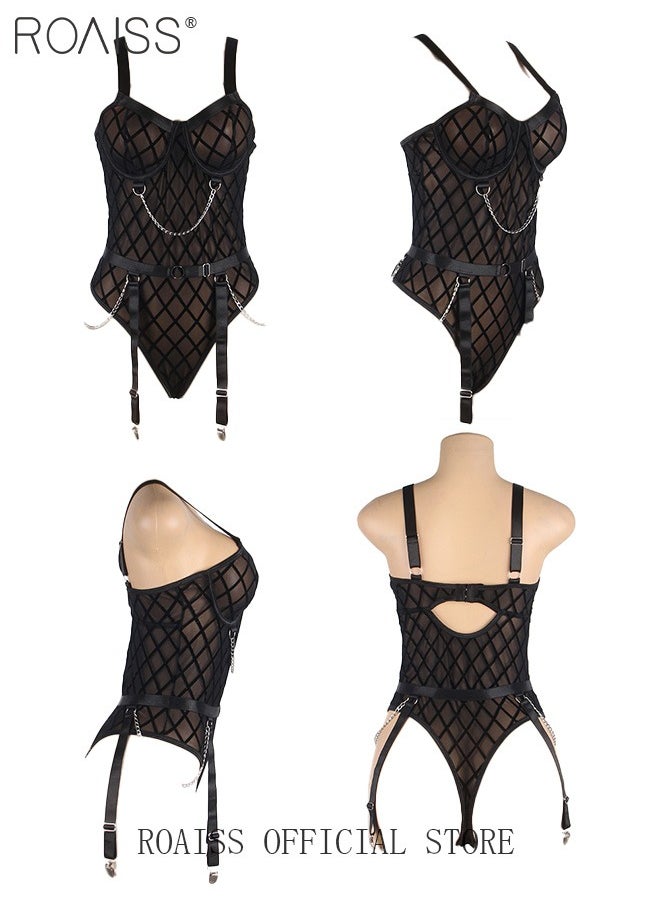 roaiss - One-Piece Metal Chain Translucent Mesh One-Piece Underwear Stretch Translucent Hot Underwear - Image 1