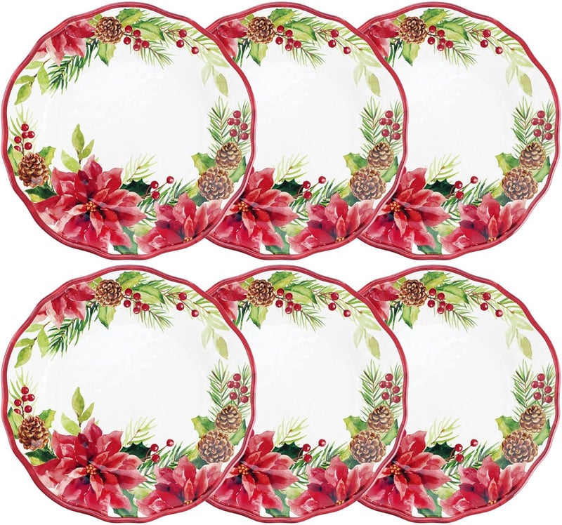 UP UPware Poinsettias Melamine Dinner Plate Set Flower Shaped Plates for Main course Pasta and Salad BPAFree Dishwasher Safe Red 11 Inch Set of 6 - Image 1