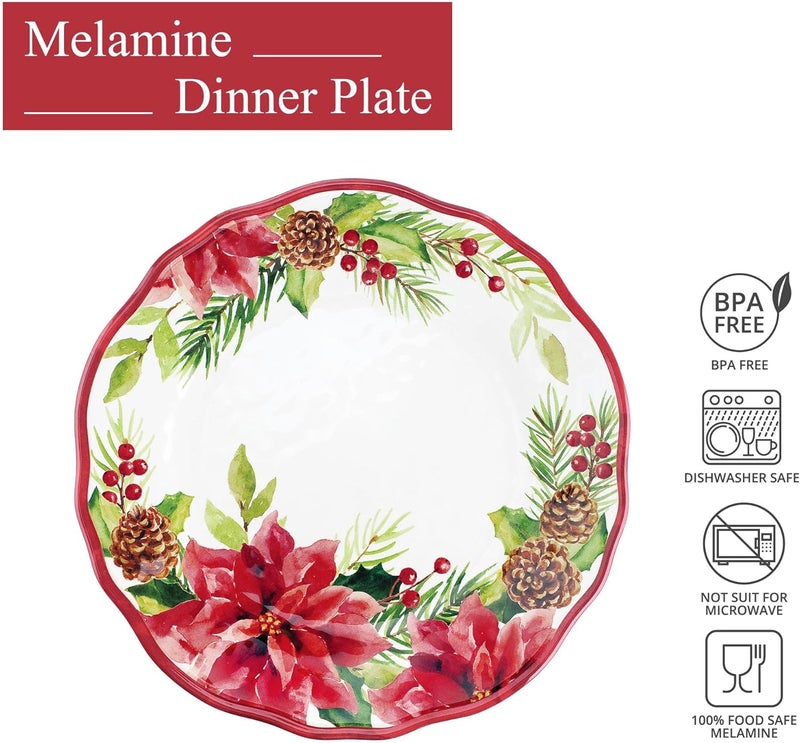 UP UPware Poinsettias Melamine Dinner Plate Set Flower Shaped Plates for Main course Pasta and Salad BPAFree Dishwasher Safe Red 11 Inch Set of 6 - Image 2