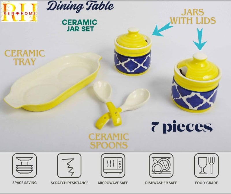 RenHomz Ceramic Pickle Jar- Set of 2 with Tray and ceramic spoons |Moroccan Dining Table Storage Container |Best use for Pickles, Achar, Spices, Chutney, Jam & Ketchup|Size : 200 ml each|Moroccan blue - Image 2