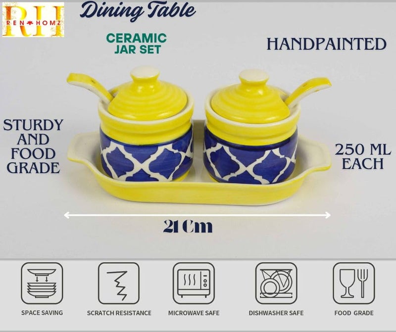 RenHomz Ceramic Pickle Jar- Set of 2 with Tray and ceramic spoons |Moroccan Dining Table Storage Container |Best use for Pickles, Achar, Spices, Chutney, Jam & Ketchup|Size : 200 ml each|Moroccan blue - Image 4