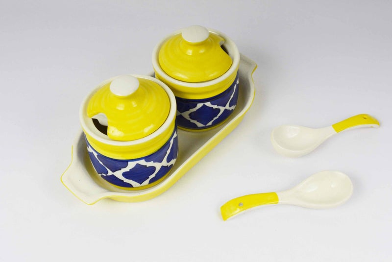 RenHomz Ceramic Pickle Jar- Set of 2 with Tray and ceramic spoons |Moroccan Dining Table Storage Container |Best use for Pickles, Achar, Spices, Chutney, Jam & Ketchup|Size : 200 ml each|Moroccan blue - Image 1