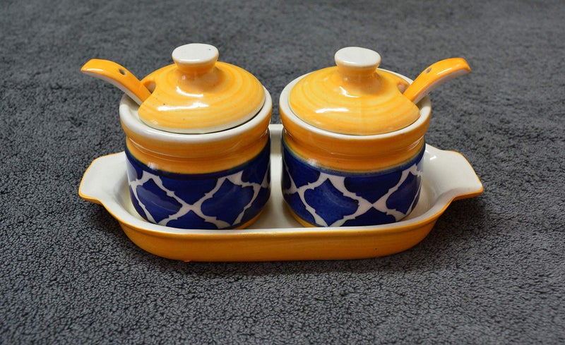 RenHomz Ceramic Pickle Jar- Set of 2 with Tray and ceramic spoons |Moroccan Dining Table Storage Container |Best use for Pickles, Achar, Spices, Chutney, Jam & Ketchup|Size : 200 ml each|Moroccan blue - Image 3