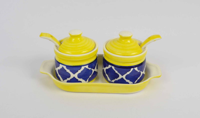 RenHomz Ceramic Pickle Jar- Set of 2 with Tray and ceramic spoons |Moroccan Dining Table Storage Container |Best use for Pickles, Achar, Spices, Chutney, Jam & Ketchup|Size : 200 ml each|Moroccan blue - Image 5