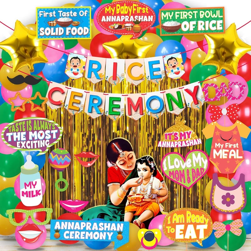 Wobbox Shubh Annaprashan Decoration Items Set which Includes Baby annaprashan Ceremony Props Subh Annaprashan Banner Backdrop Foil Curtain Rice Ceremony Decorations Items52 Pcs SetFP5765 - Image 1
