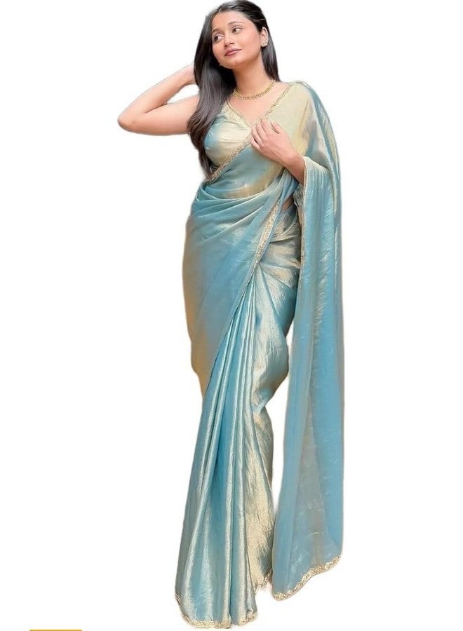 C J Enterprise C J Enterprise Women's Soft Jimmy Choo Ready To Wear Sarees Party Silk Saree With Design Work Lace Border For Wedding Latest Function New Sadi Fashion With Blouse Piece 2025 (Jimmy Firozi Sky Blue) - Image 1