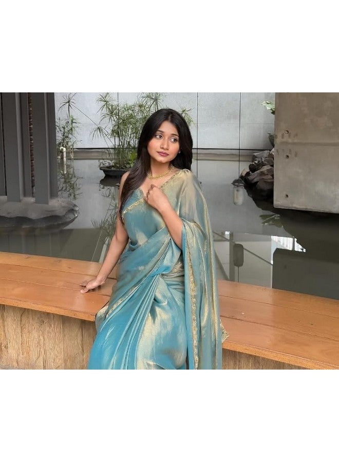 C J Enterprise C J Enterprise Women's Soft Jimmy Choo Ready To Wear Sarees Party Silk Saree With Design Work Lace Border For Wedding Latest Function New Sadi Fashion With Blouse Piece 2025 (Jimmy Firozi Sky Blue) - Image 5