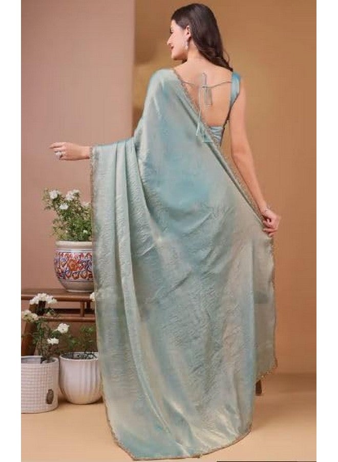 C J Enterprise C J Enterprise Women's Soft Jimmy Choo Ready To Wear Sarees Party Silk Saree With Design Work Lace Border For Wedding Latest Function New Sadi Fashion With Blouse Piece 2025 (Jimmy Firozi Sky Blue) - Image 2