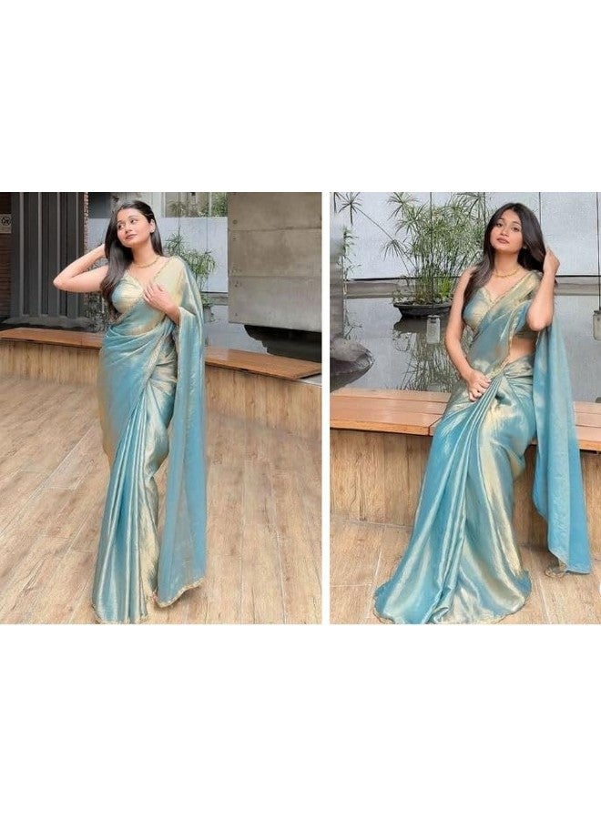 C J Enterprise C J Enterprise Women's Soft Jimmy Choo Ready To Wear Sarees Party Silk Saree With Design Work Lace Border For Wedding Latest Function New Sadi Fashion With Blouse Piece 2025 (Jimmy Firozi Sky Blue) - Image 4