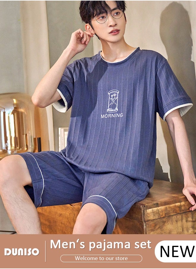 DUNISO Men's Soft Pajamas Set 2 Piece Cotton Sleepwear Short Sleeve  Crewneck Top and Shorts Loungewear Summer Sleepwear Set Home Wear  - Image 1