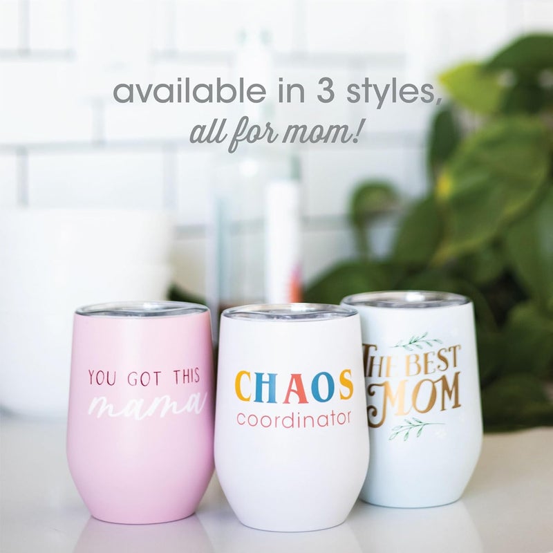 pearhead You Got This Mama Stainless Steel Wine Tumbler with Press-In and Slide Locking Lid, Cute Motherhood Stemless Wine Glass Tumbler Mug, Mother's Day Gifts, 12oz - Image 4