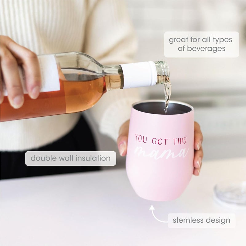 pearhead You Got This Mama Stainless Steel Wine Tumbler with Press-In and Slide Locking Lid, Cute Motherhood Stemless Wine Glass Tumbler Mug, Mother's Day Gifts, 12oz - Image 3