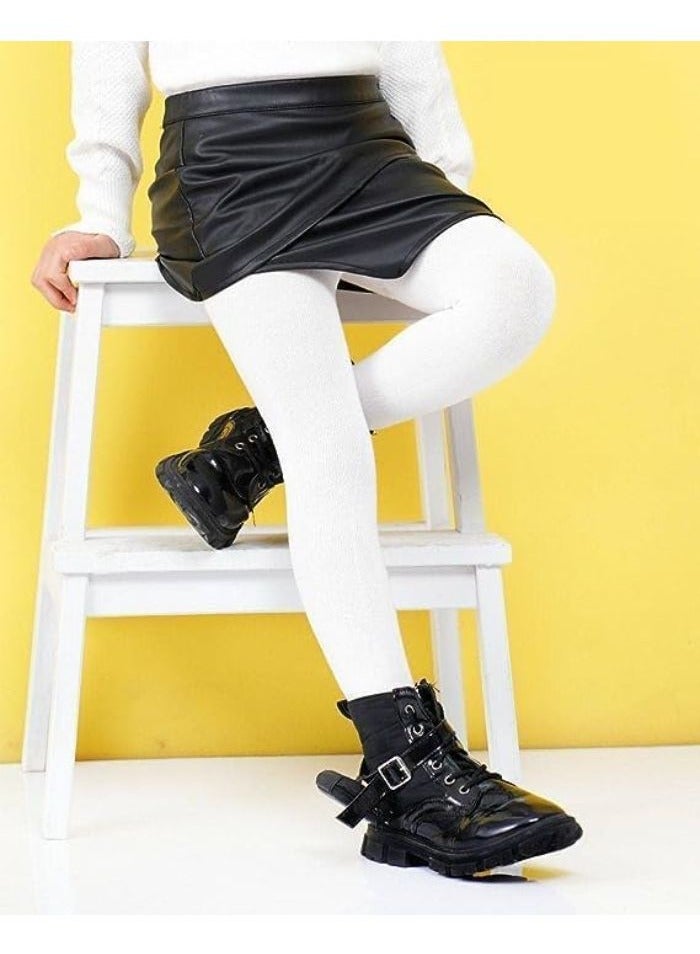 Children's girls' winter plain wool tights, soft thick pantyhose for school, long socks to keep warm, warm winter tights for girls, off white - Image 2