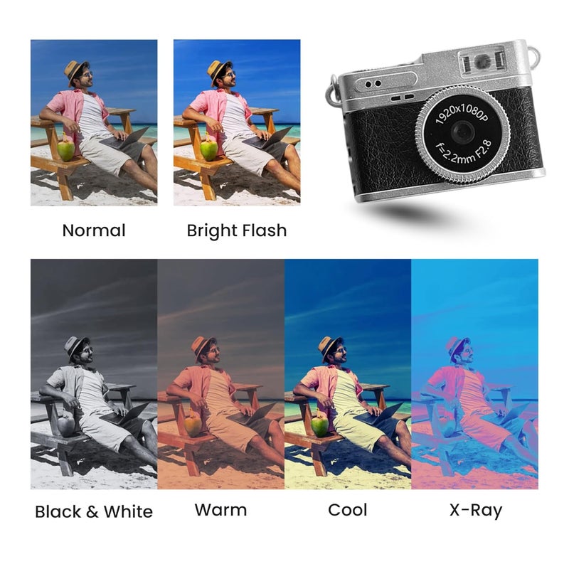FETACA كاميرا رقمية صغيرة مع وضع الفلتر، فيديو 1080p، ضوء فلاش، نسيج جلدي – كاميرا عمل صغيرة مع سلسلة مفاتيح معدنية – مدمجة للسفر، الهدايا والتصوير الممتع (أسود) - Image 3