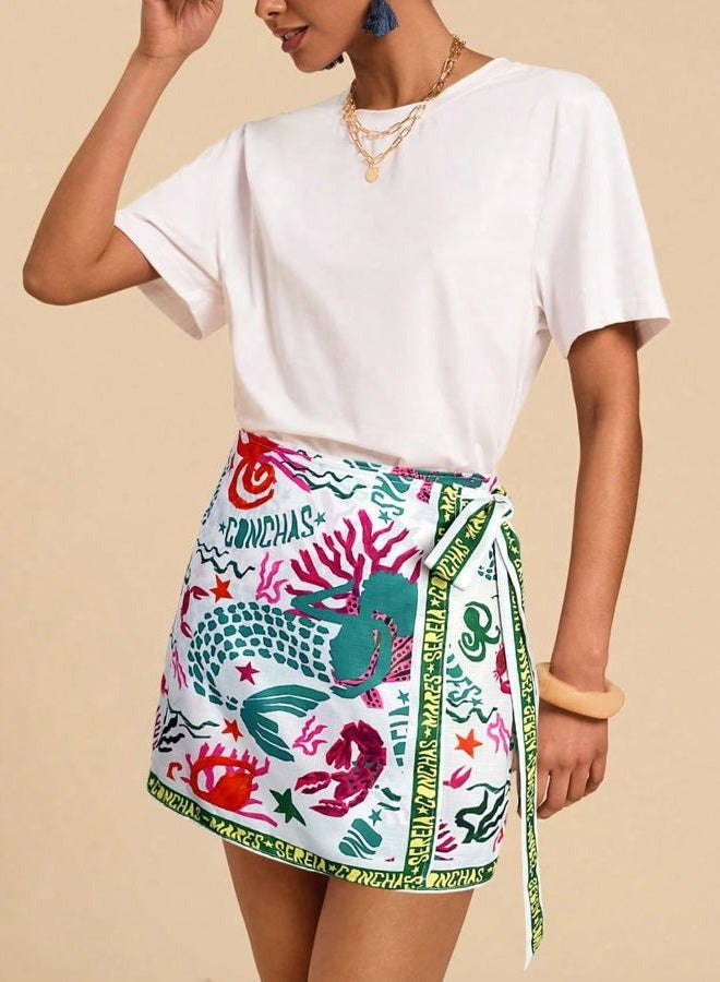 Sujama Women's Summer Boho Skirts Floral Print Tie Knot Wrap Skirt Cute Tropical Ocean Graphic Mini Short Skirts Beachwear, 03# Green, S - Image 3