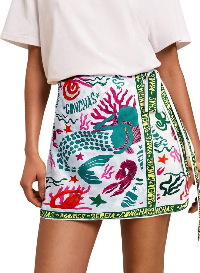 Sujama Women's Summer Boho Skirts Floral Print Tie Knot Wrap Skirt Cute Tropical Ocean Graphic Mini Short Skirts Beachwear, 03# Green, S - Image 1