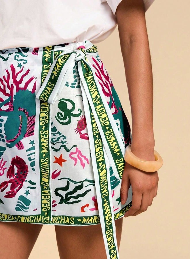 Sujama Women's Summer Boho Skirts Floral Print Tie Knot Wrap Skirt Cute Tropical Ocean Graphic Mini Short Skirts Beachwear, 03# Green, S - Image 4