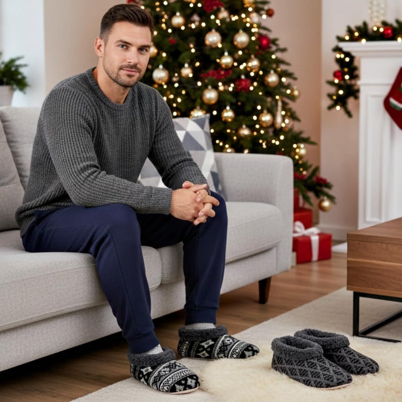 cosyone1997 2-Pair Soft Slippers for Men Indoor Sherpa Fleece Lined Bedroom Fuzzy Slipper Socks Non-slip Gripper Soles Winter Warm House Slippers Size 10-11 - Image 2
