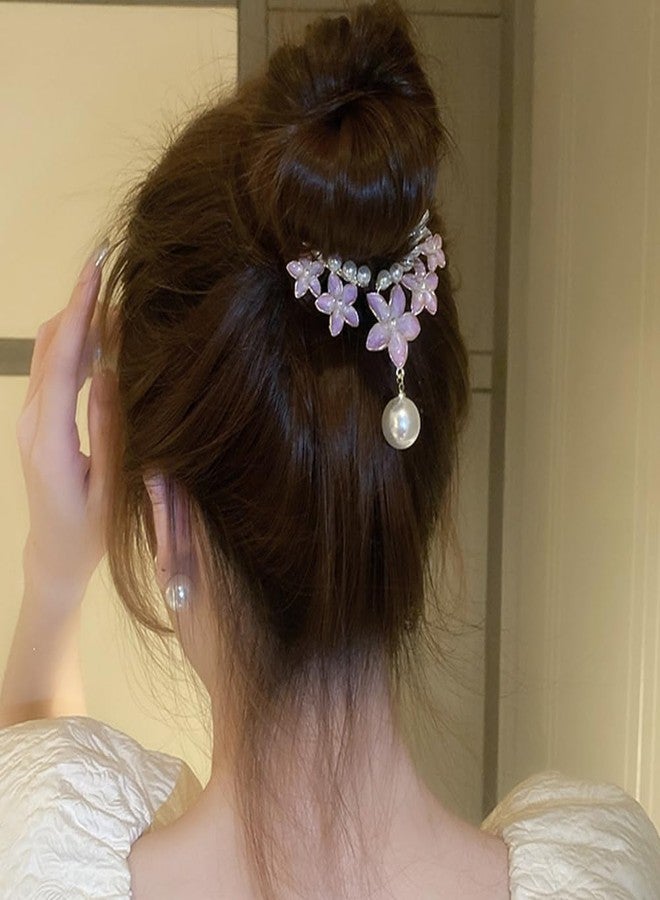 Jumwrit Pearl Flower Ponytail Buckle Hair Clip Strong Hold Gold Metal Bun Claw Clip Floral Tassel Hair Barrette Cuff Hairpin Fashion Hair Styling Accessories for Women Girls (Purple) - Image 1