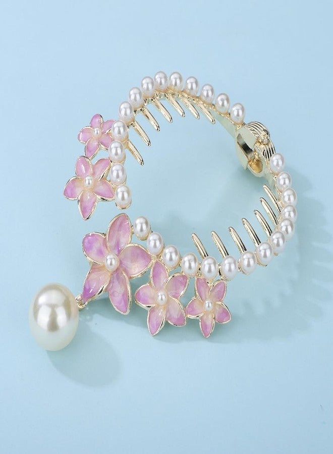 Jumwrit Pearl Flower Ponytail Buckle Hair Clip Strong Hold Gold Metal Bun Claw Clip Floral Tassel Hair Barrette Cuff Hairpin Fashion Hair Styling Accessories for Women Girls (Purple) - Image 4