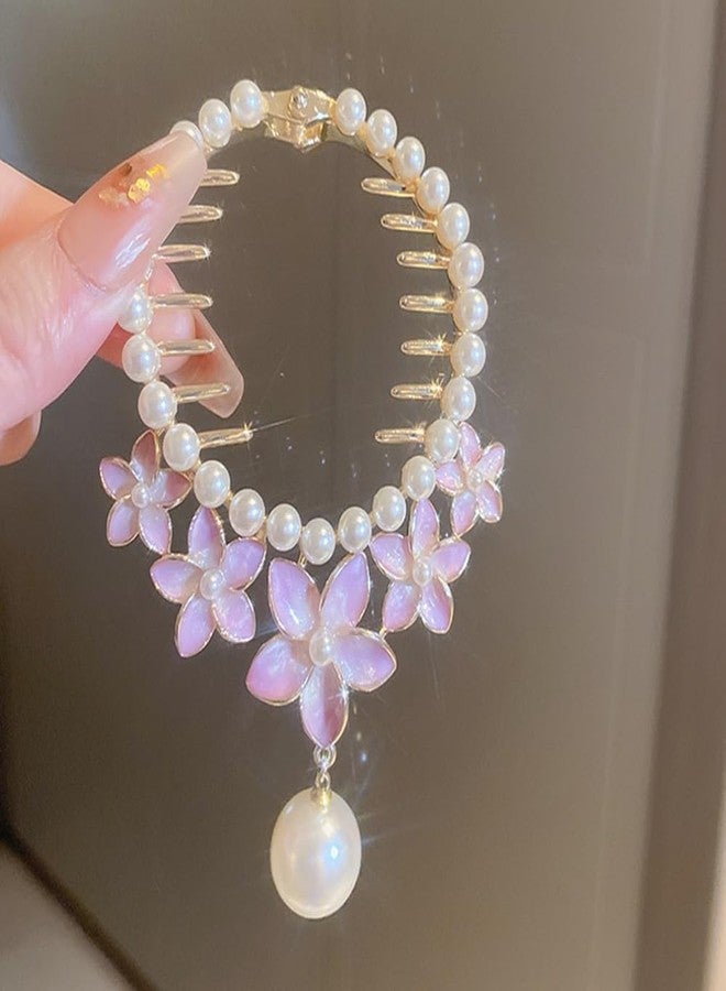 Jumwrit Pearl Flower Ponytail Buckle Hair Clip Strong Hold Gold Metal Bun Claw Clip Floral Tassel Hair Barrette Cuff Hairpin Fashion Hair Styling Accessories for Women Girls (Purple) - Image 2