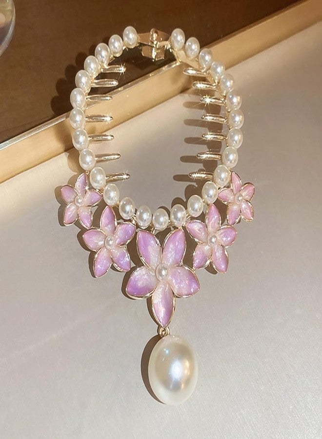 Jumwrit Pearl Flower Ponytail Buckle Hair Clip Strong Hold Gold Metal Bun Claw Clip Floral Tassel Hair Barrette Cuff Hairpin Fashion Hair Styling Accessories for Women Girls (Purple) - Image 3
