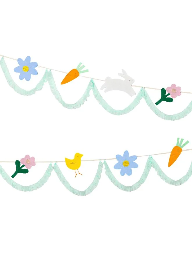 Felt & Fringe Easter Icons Garland - Embroidered Felt Flowers, Bunnies, Carrots and Chicks with Mint Tassel Fringe on Natural Ribbon, Stylish Easter Decoration for Mantels