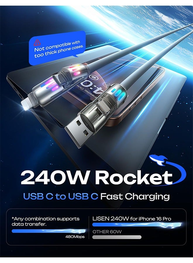 Beauenty USB C Cable, 240W 4 in 1 Multi Charging Cable USB Charger Cable with Breathing Light, Combo L Port/Type C/USB A Fast Charging Cord for iPhone16/15/14/13/12 Series/MacBook/iPad/Samsung/Huawei/ Laptop - Image 2