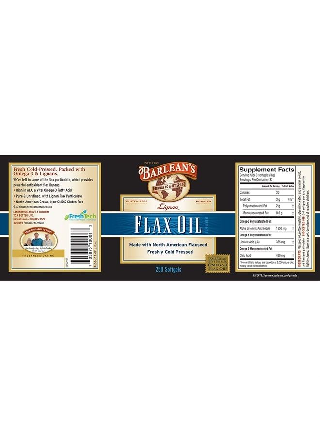 BARLEAN'S Lignan Flaxseed Oil Softgels, Cold-Pressed Flax Seed Supplement with 1,550 mg ALA Omega-3 Fatty Acids for Joint & Heart Health, 1000mg, 250 ct - Image 2