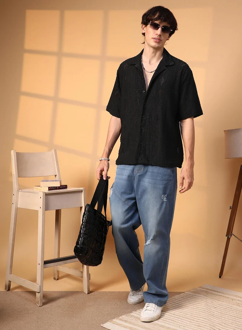Campus Sutra Men's Onyx Black Argyle-Textured Oversized Shirt