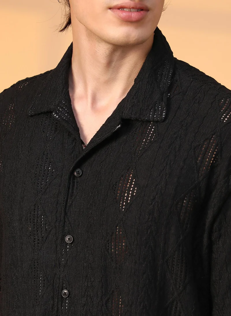 Campus Sutra Men's Onyx Black Argyle-Textured Oversized Shirt