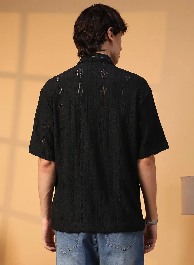 Campus Sutra Men's Onyx Black Argyle-Textured Oversized Shirt