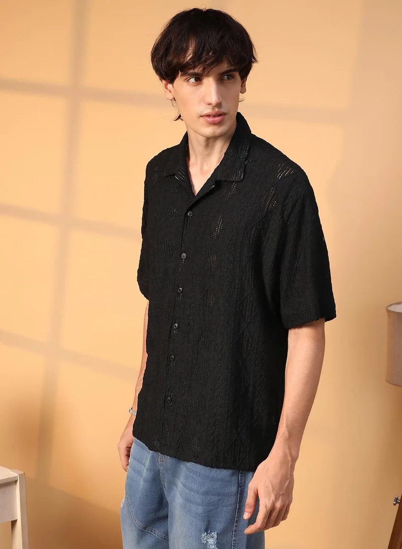 Campus Sutra Men's Onyx Black Argyle-Textured Oversized Shirt