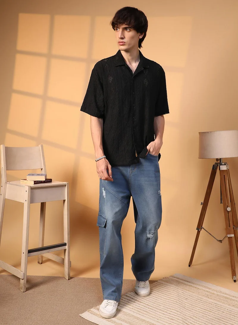 Campus Sutra Men's Onyx Black Argyle-Textured Oversized Shirt