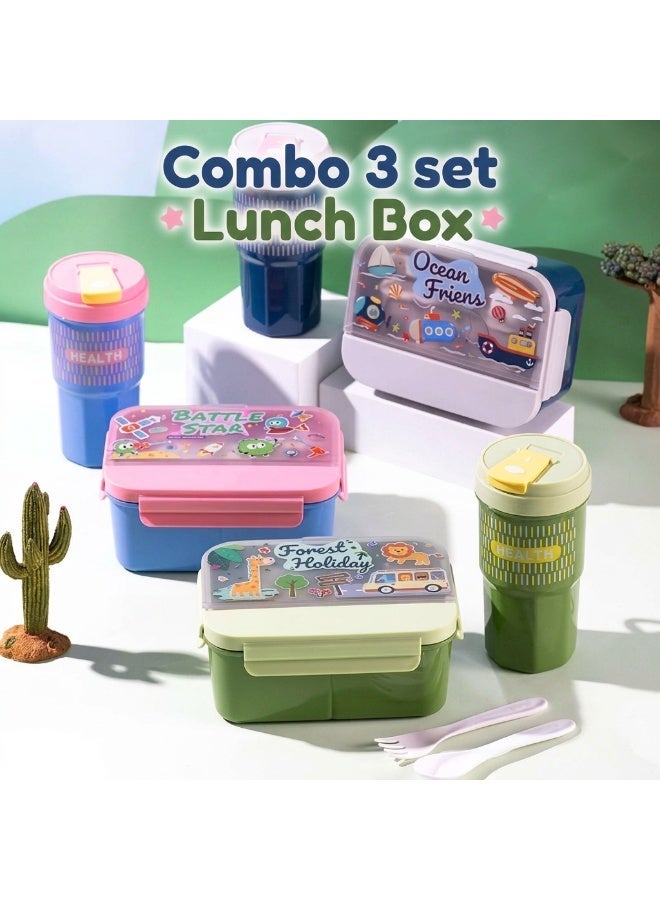 طقم "بينتو" (Bento) للغداء مكون من 3 قطع مع زجاجة مياه متناسقة – وعاء وجبات مانع للتسرب بسعة 1200 مل ومقسم إلى 3 حجرات، يتضمن ملعقة وشوكة مدمجتين، خالٍ من مادة BPA، ومثالي للمدرسة والنزهات للأولاد والبنات. - Image 1