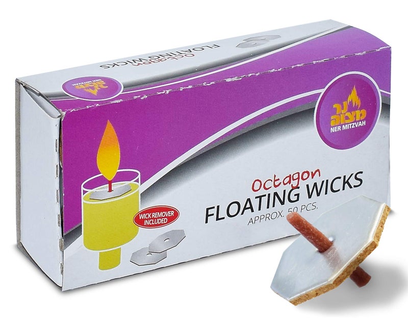 Ner Mitzvah Octagon Shaped Floating Replacement Candle Wicks - Floating Oil Wicks - 1 Pack of 50 Pcs - Image 1